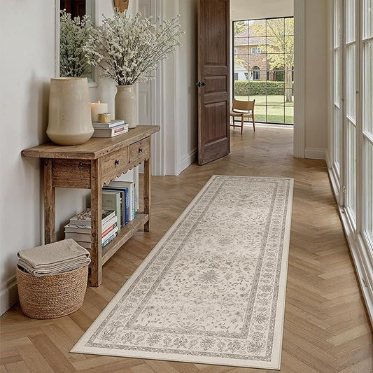 2x6 Runner Rug Beige Washable Hallway Vintage Carpet Kitchen Small Long Non Slip Stain Soft Resistant Low Pile Thin Boho Accent Indoor Throw Rug for Bedroom Laundry Living Room