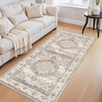 Washable 3x6 Hallway Runner Rug: Vintage Water Resistant Kitchen Entryway Rug Ultra Soft Living Room Bedroom Carpet with Non Slip Backing Indoor Low Pile Floor Mat for Bathroom Dining Room(3x6,Beige)