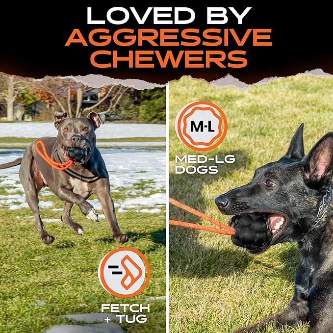 Monster K9 Launcher Tug Dog Ball - Lifetime Replacement - Medium & Large Breeds - Aggressive Chewers - Chew, Tug, & Fetch Dog Toy - Made in USA - (Rope NOT for Chewing & NOT Guaranteed)