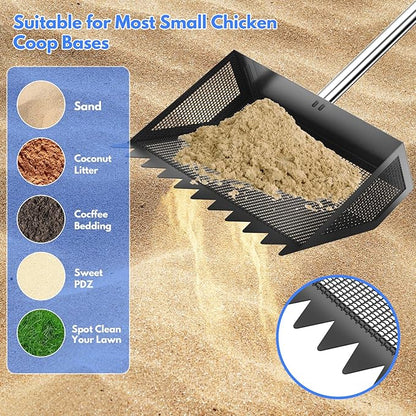 Chicken Poop Scooper & Rake 2-in-1,304 Stainless Steel Shovel Head, Chicken Litter Scoop with Handle for Chicken Coop & Pet Waste Cleaning, Litter Sifting Shovel (35 to 65") (Black, 10inch)