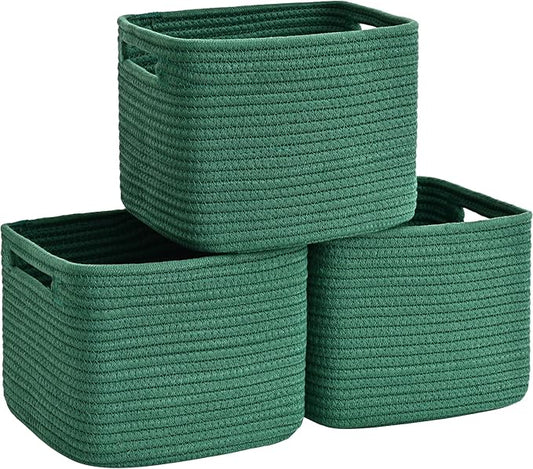 3 Pack Cube Storage Bin, 9”x9”x7” Cotton Rope Woven Baskets for Organizing Toys Clothes Towels, Square Gift Storage Baskets for Shelves, Nursery, Closet, Bathroom, Pantry (Green)