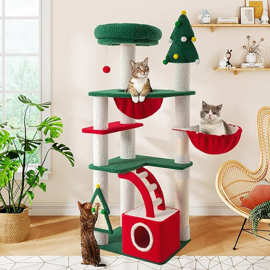 SHA CERLIN 67in Tall Cat Tree/Climbing Tower with Top Perch, Hammock, Sisal Scratching Posts/Cute Condo for Indoor Kitties/Pet Feline House/Activity Center/Christmas Decor/Green & Red