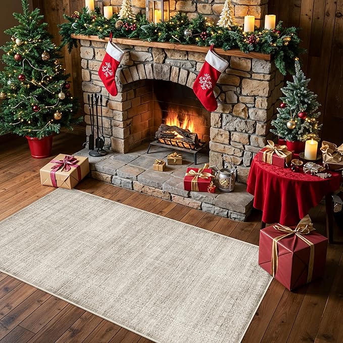 Washable 2x6 Runner Rug for Kitchen: Neutral Easy-Clean Entryway Carpet with Non-Slip Backing Water-Resistant Floor Mat for Bedroom Bathroom – Perfect for High-Traffic Areas with Pets(Beige/Ivory,2x6)