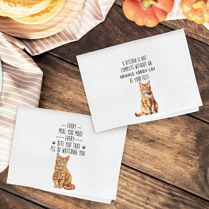 Funny Orange Tabby Cat Kitchen Towels, Orange Cat Mom Lady Lovers Gifts for Women Hand Towels, Gifts for Pet Lovers Dishcloths Dish Towel for Kitchen 16x24 Inches Set of 2