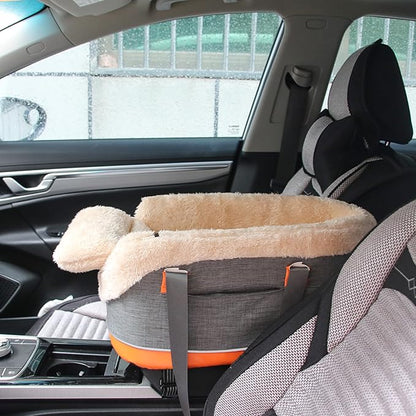 Pet Car Center Console Elevated Armrest Car Seat for Small Puppy, Dogs & Cats (Up to 10 lbs) – Dark Gray Washable Plush Carrier with Safety Leash, Fits Front Vehicle Console Space (Dark Grey)