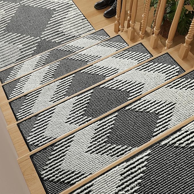 PADOOR 7PC Stair-Treads Non Slip, 3D Peel and Stick Stair Treads for Wooden Steps Indoor, Stair-Carpet Treads Washable Reusable Adhesive Stair-Runner Rugs for Kids and Dogs 8"x30" Black
