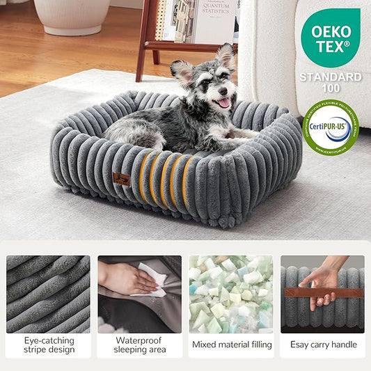 Washable Dog Bed for Small Medium Dogs - Rectangle Orthopedic Corduroy Fleece Pet Bed with Removable Cover and Nonskid Bottom, Calming Puppy Bed Soft Pet Sofa, Grey(20x19x6inchs)