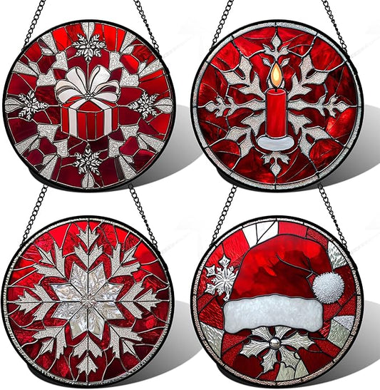 Stained Glass Window Hanging 4 Pcs Set Red Christmas Decorations Theme Large 15" - Suncatcher Door Garden Sun Catcher Decor Birthday for Mom Woman Nana Men Friend Wife