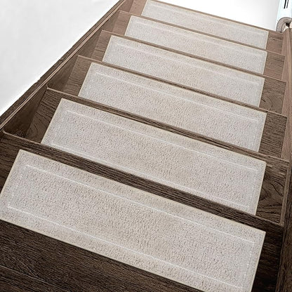 Non Slip Microfiber Stair Treads for Wooden Steps, 15PCS 8"x30" Indoor Safety Carpet, 3D Cut & Loop Tufted Edging Mats with TPE Adhesive Backing, Pet & Elderly Friendly Stair Rugs (Beige Border)