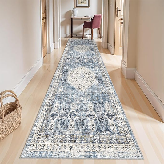 RUUGME Runner Rug 4x12 for Kitchen - Vintage Hallway Entryway Rugs Indoor Wide Non Slip Stain Resistant Carpet for Office Bedroom Ultra Soft Low Pile Home Decor Floor Mat 4'x12' Aqua Blue