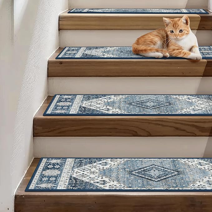 Non Slip Stair Treads for Wooden Steps 15PCS - 8"x30" Indoor Safety Carpet, Edging Mats with TPE Adhesive Backing, Pet and Elderly Friendly Stair Rugs (Blue&Ivory)