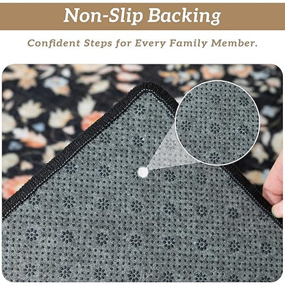 RORA Stair Treads Landing Mat Non-Slip Stair Treads Matching Mat for Wooden Steps Indoor,Bullnose Carpet Stair Floral Stair Rugs Washable Stair Carpet for Pets,30"x30",Black,1pcs