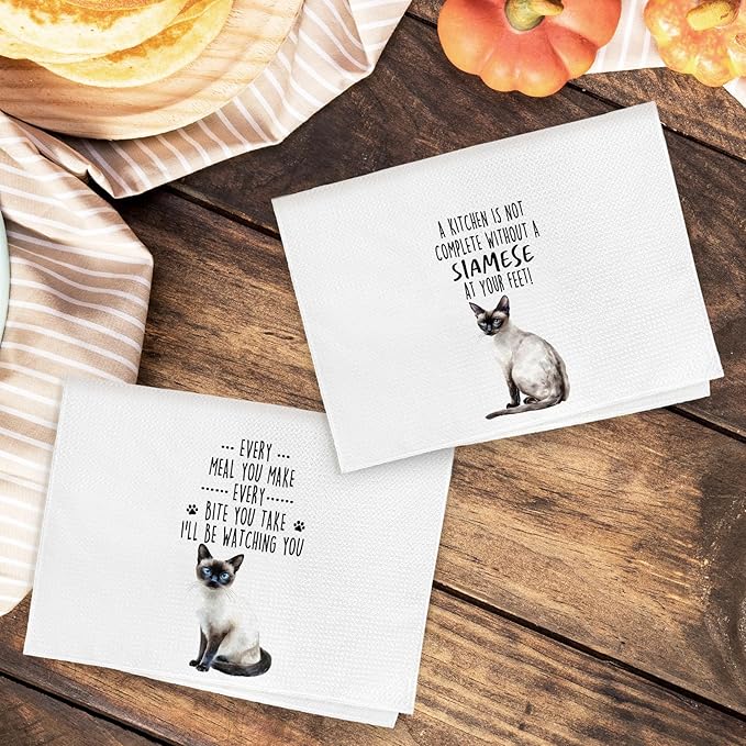 Funny Siamese Cat Kitchen Towels, Siamese Cat Mom Lady Lovers Gifts for Women Hand Towels, Gifts for Pet Lovers Dishcloths Dish Towel for Kitchen 16x24 Inches Set of 2
