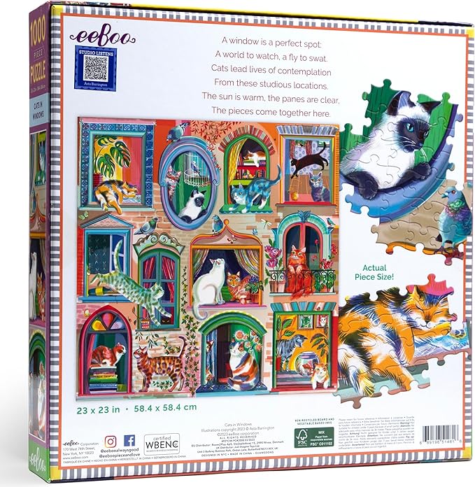 eeBoo 1000 Piece Puzzle - Cats in Window Jigsaw Puzzle for Adults, Square 23" x 23" Made with Recycled Board & Vegetable-Based Ink