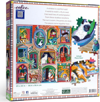eeBoo 1000 Piece Puzzle - Cats in Window Jigsaw Puzzle for Adults, Square 23" x 23" Made with Recycled Board & Vegetable-Based Ink