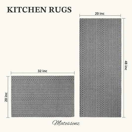 Kitchen Rugs, Kitchen Mats for Floor, Machine Washable Rugs 20"x30"+20"x48" Boho Style, Anti-Skid TPR Backing for Kitchen, Laundry, Durable, Easy Clean Spring & Everyday Use - Grey