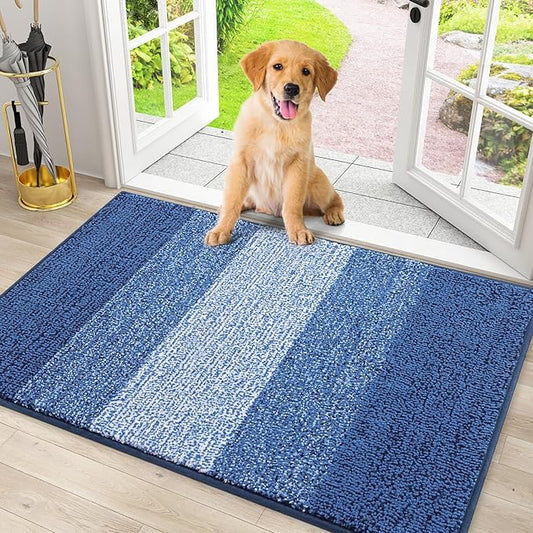 Smiry Dog Door Mat for Muddy Paws, Absorbs Moisture and Dirt, Low-Profile Entryway Mat with Non-Slip Backing, Entry Indoor Outdoor Doormat for Inside Floor (30x20 Inches, Navy Blue, Striped)