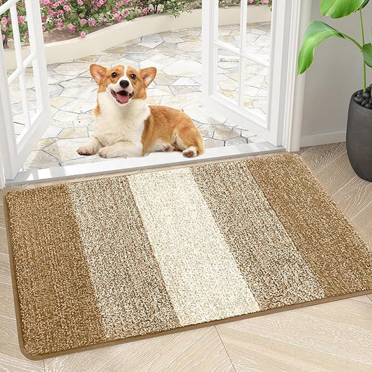 Smiry Dog Door Mat for Muddy Paws, Absorbs Moisture and Dirt, Low-Profile Entryway Mat with Non-Slip Backing, Entry Indoor Outdoor Doormat for Inside Floor (30x17 Inches, Camel, Striped)