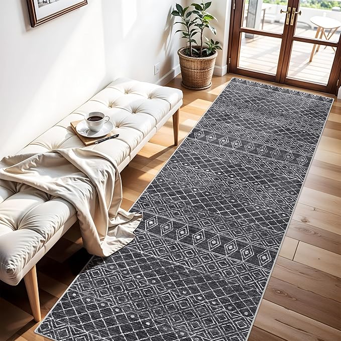 Rug Runners 2x8 for Hallway: Washable Moroccan Rugs Non Slip for Kitchen Entryway Bedroom - Soft Stain Resistant Easy Clean Mat for Family with Pets 2x8 Black
