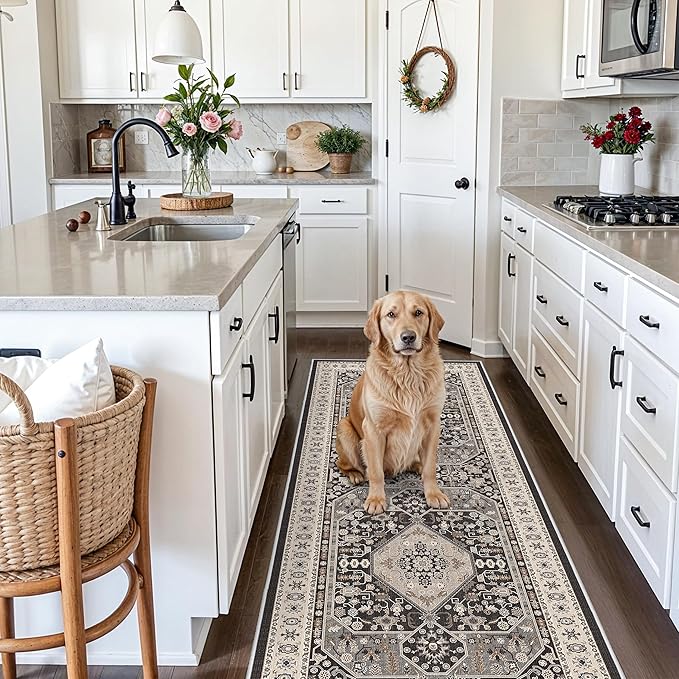 3x8 Kitchen Runner Rug Washable - Indoor Vintage Hallway Kitchen Rugs Non Slip Stain Resistant Carpet for Bedroom Dining Room Bathroom Foldable Low Pile Distressed Home Decor Mat 3x8 Black