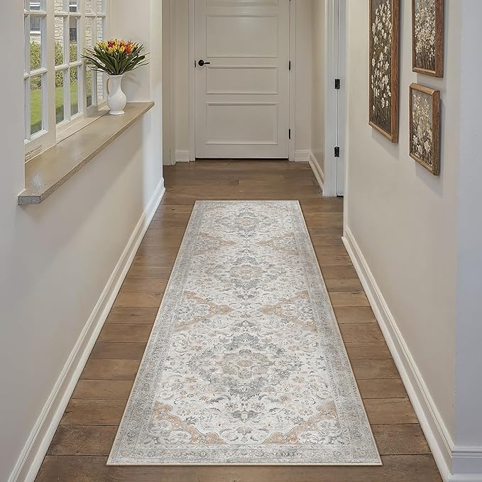 Taup Runner Rug 2x8 Washable Vintage Long Carpet Low Pile Traditional Distressed Retro Accent Indoor Hallway Throw Rug Non Slip for Kitchen Laundry Bathroom Dining Room