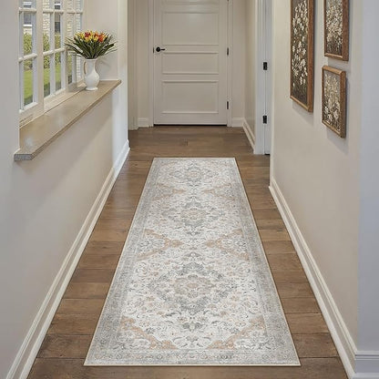 Taup Runner Rug 2x8 Washable Vintage Long Carpet Low Pile Traditional Distressed Retro Accent Indoor Hallway Throw Rug Non Slip for Kitchen Laundry Bathroom Dining Room