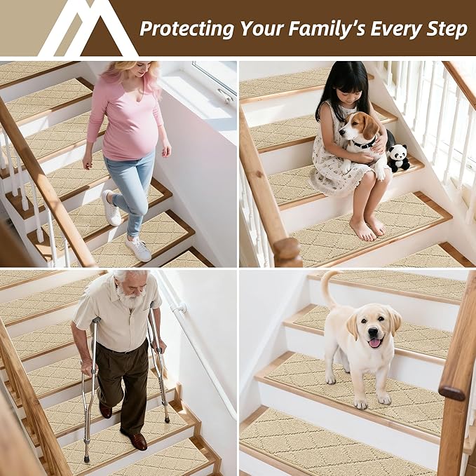 COSY HOMEER Stair Treads for Wooden Steps 9"x28",Washable Non Slip Carpet Stair Treads with Reusable Residue Free Backing Soft Peel and Stick Stair Runner Rugs for Kids Elders Pets,Warm Beige,4pcs