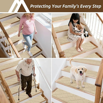 COSY HOMEER Stair Treads for Wooden Steps 9"x28",Washable Non Slip Carpet Stair Treads with Reusable Residue Free Backing Soft Peel and Stick Stair Runner Rugs for Kids Elders Pets,Warm Beige,4pcs