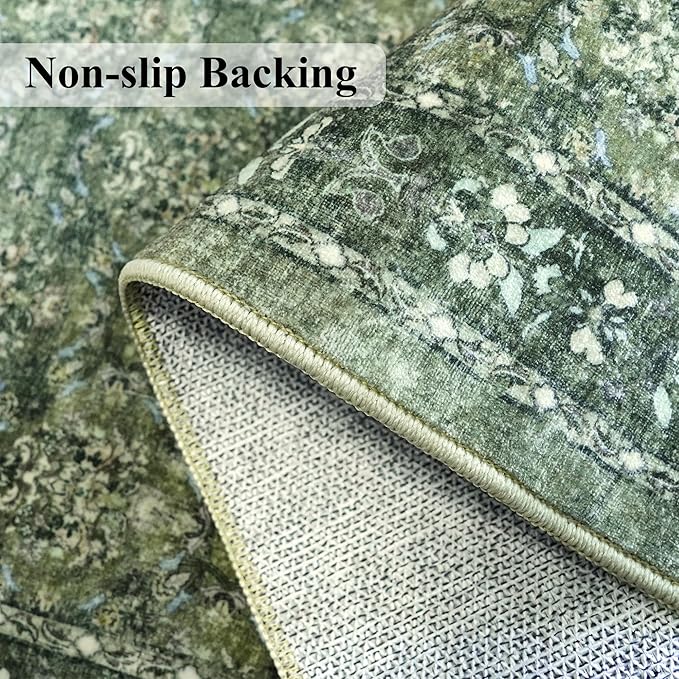 Washable 4x8 Hallway Runner Rug: Vintage Soft Carpet for Living Room Entryway Non-Slip Water Resistant Thin Kitchen Floor Mat Wide Ultra Soft Area Rug for Bedroom Bathroom Dining Room(Green,4x8)