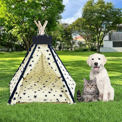 Pet Tent/Tipi for Cats & Dogs - Washable Canvas, Foldable Pet Teepee with Anti-Slip Base & Detachable Cushion | Indoor/Outdoor Safe Shelter for Pets-Beige-L