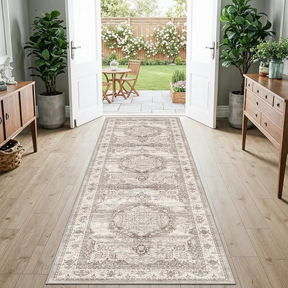 Washable 2x8 Hallway Area Rug: Vintage 8ft Water Resistant Soft Runner Rug for Entryway Kitchen Non-Slip Low Pile Carpet for Living Room Bedroom Thin Floor Mat for Bathroom Dining Room(Beige,2x8)