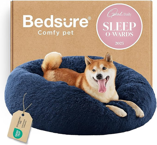 Bedsure Calming Dog Bed for Medium Dogs - Donut Washable Medium Pet Bed, 30 inches Anti-Slip Round Fluffy Plush Faux Fur Cat Bed, Fits up to 45 lbs Pets, Navy