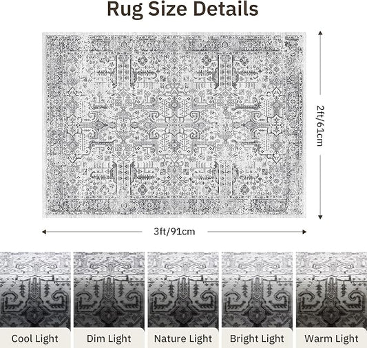 Washable 2x3 Entryway Area Rug - Small Non Slip Vintage Kitchen Runner Rugs Indoor Entrance Soft Neutral Stain Resistant Bathroom Mat Farmhouse Carpet for Bedroom Living Room Entry Laundry 2'x3' Grey