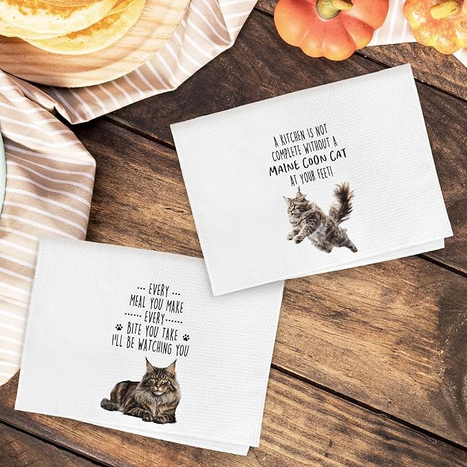 Funny Maine Coon Cat Kitchen Towels, Maine Coon Cat Mom Lady Lovers Gifts for Women Hand Towels, Gifts for Pet Lovers Dishcloths Dish Towel for Kitchen 16x24 Inches Set of 2