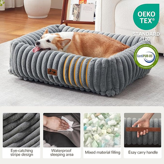 Washable Dog Bed for Small Medium Dogs - Rectangle Orthopedic Corduroy Fleece Pet Bed with Removable Cover and Nonskid Bottom, Calming Puppy Bed Soft Pet Sofa, Grey(35x25x9inchs)