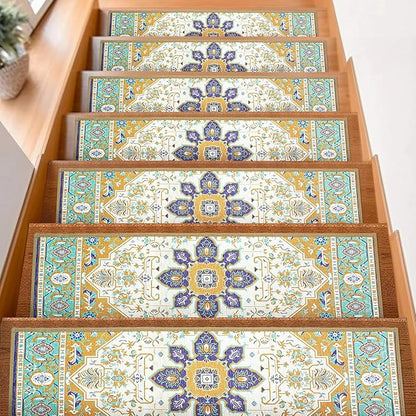 15Pcs Stair Treads for Wooden Steps Indoor with Self Adhesive, 8"x30" Non Slip Stair Treads Stair Carpet Runner, Resistant Indoor Runner for Kids、Elders and Pets,Blue and Gold Pattern