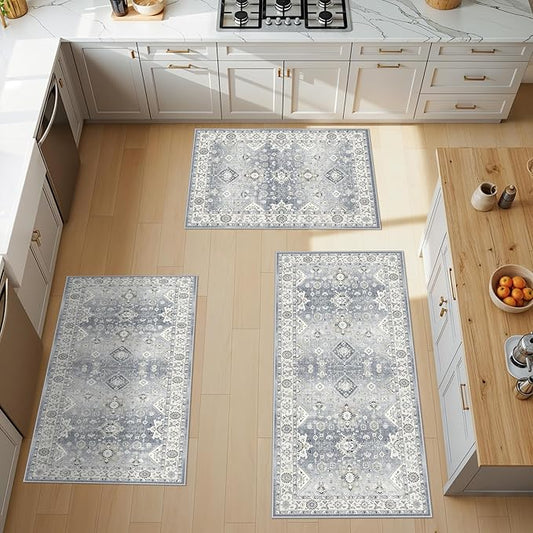 3 Pieces Kitchen Rug Sets: Farmhouse Washable Non-Slip Floor Mat for Sink Stove & Fridge Area Water Resistant Carpet for Laudry Room Entryway Soft Cozy Runners for Kids Pets Family(2x3+2x4+2x5,Grey)