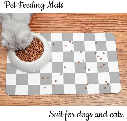 Ralxion Checkered Dog Feeding Mat, Absorbent Mats for Dog Food and Water Bowl, Dispenser, Retro Modern Aesthetic Preppy Grey Checkerboard Pet Placemat for Dogs, Cats, Puppy Accessories, 12" X19”