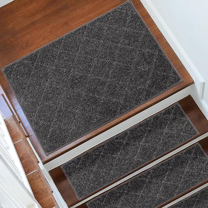 COSY HOMEER Edging Stair Treads Non-Slip Corner Indoor Stair Runners for Wooden Steps,Landing Slip Resistant Stair Rugs for Kids and Dogs, 100% Polyester TPE Backing,Black,20"X32"