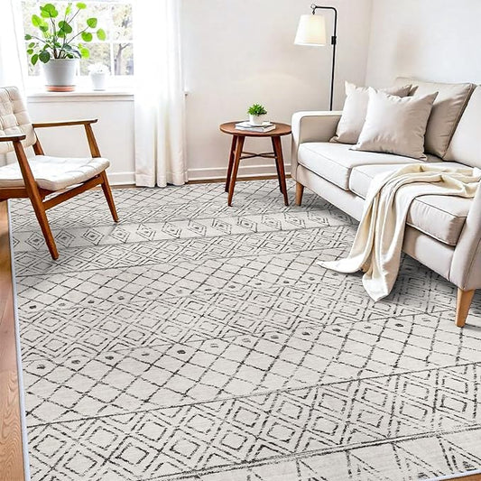 7x9 Area Rug for Living Room - Washable Rugs Moroccan Non-Slip Pet Friendly Stain Resistant Carpets for Bedroom Soft Low Pile Rug 7x9 Geo Grey