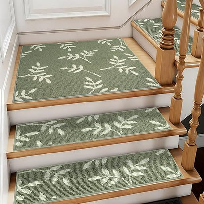 Carpet Stair Treads, Non-Slip Landing Mat for Wooden Steps Indoor, 30"x 30" Peel and Stick Soft Stair Rugs for Pets Non Skid Wood Staircase Step Treads Reusable, Green