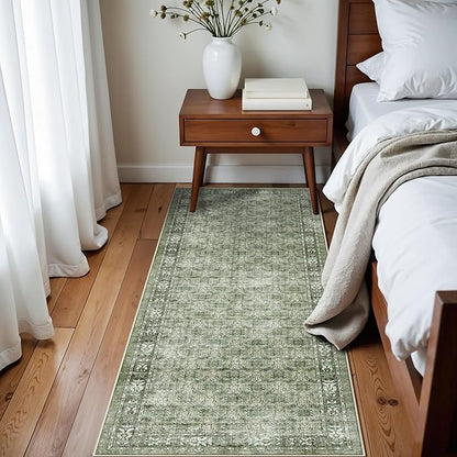 Washable 2x6 Runner Rug for Kitchen: Easy-Clean Carpet with Non-Slip Backing for Bedroom Entryway Stain-Resistant Shedding-Free Floor Mat – Perfect for High-Traffic Areas with Pets (Green,2x6)