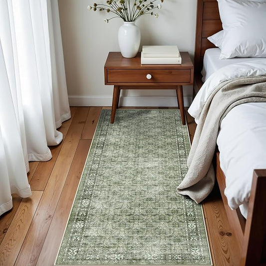 Washable 2x6 Runner Rug for Kitchen: Easy-Clean Carpet with Non-Slip Backing for Bedroom Entryway Stain-Resistant Shedding-Free Floor Mat – Perfect for High-Traffic Areas with Pets (Green,2x6)