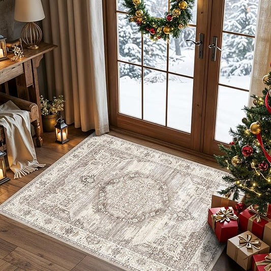 Washable Ktichen Area Rug 3x4: Indoor Runners for Bedroom Bathroom Non-Slip Soft Stain Resistan Carpet for Entryway Laundry Dining Room Vintage Home Decor for Small Living Room Nursery Room(Beige,3x4)