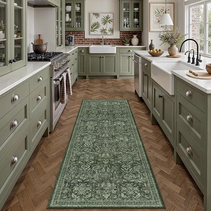 Dark Green 2x6 Runner Rug Washable Hallway Kitchen Vintage Carpet Indoor Non Slip Small Low Plie Thin Bedroom Bathroom Rug Retro Accent Throw Dining Living Room