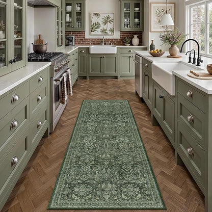 Dark Green 2x6 Runner Rug Washable Hallway Kitchen Vintage Carpet Indoor Non Slip Small Low Plie Thin Bedroom Bathroom Rug Retro Accent Throw Dining Living Room