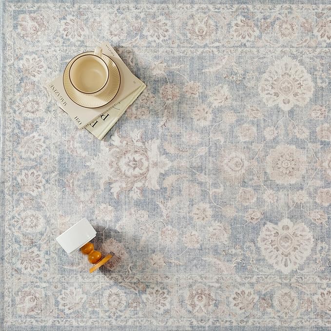 2x6 Blue Cream Washable Runner Rug for Kitchen Hallway Neutral Floral Soft Non Slip Rug Low Pile Distressed Carpet for Bathroom Bedroom Indoor Nursery