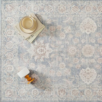 2x6 Blue Cream Washable Runner Rug for Kitchen Hallway Neutral Floral Soft Non Slip Rug Low Pile Distressed Carpet for Bathroom Bedroom Indoor Nursery