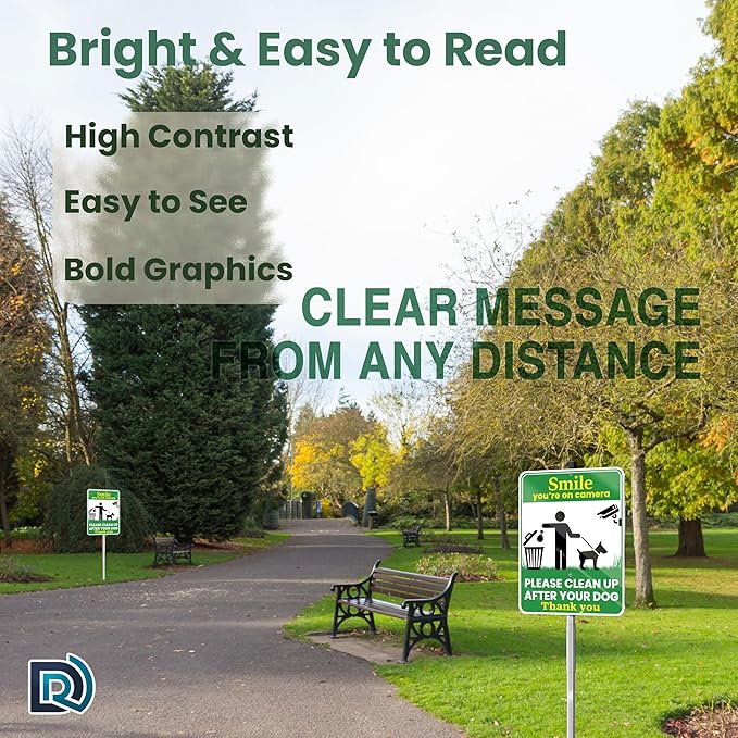 Clean Up After Your Dog Signs, Smile Youre on Camera Signs, 10 x 13 Inch Reflective Aluminum Outdoor Yard Signs with 28 Inch Metal Stake, 2 Pack