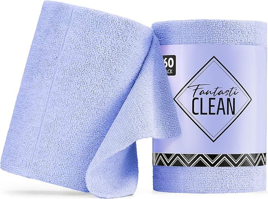 Fantasticlean Microfiber Cleaning Cloth Roll -60 Pack, Tear Away Paperless Towels, 8" x 8", Reusable Washable Rags, for House Kitchen, Pet, Office, Indoor Outdoor, Compact and Portable (Light-Purple)